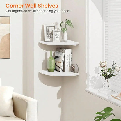 5-Piece White Floating Corner Shelf, Wall Mount Durable Plastic Construction, Non-Hole