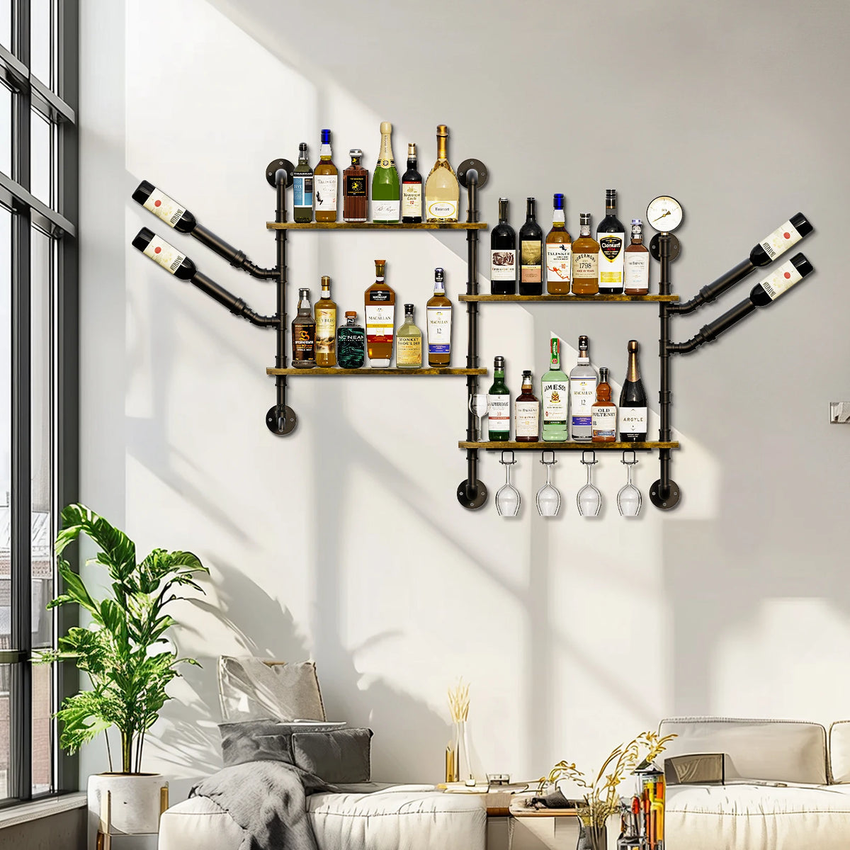 Pipe Bar Liquor Shelf, Floating Shelves with Wine Glass Holder, Black ....