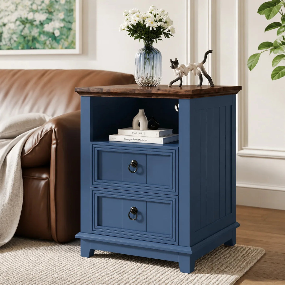 18 Inch Wood Nightstand with USB Charging Station 2 Drawer End Table, Blue
