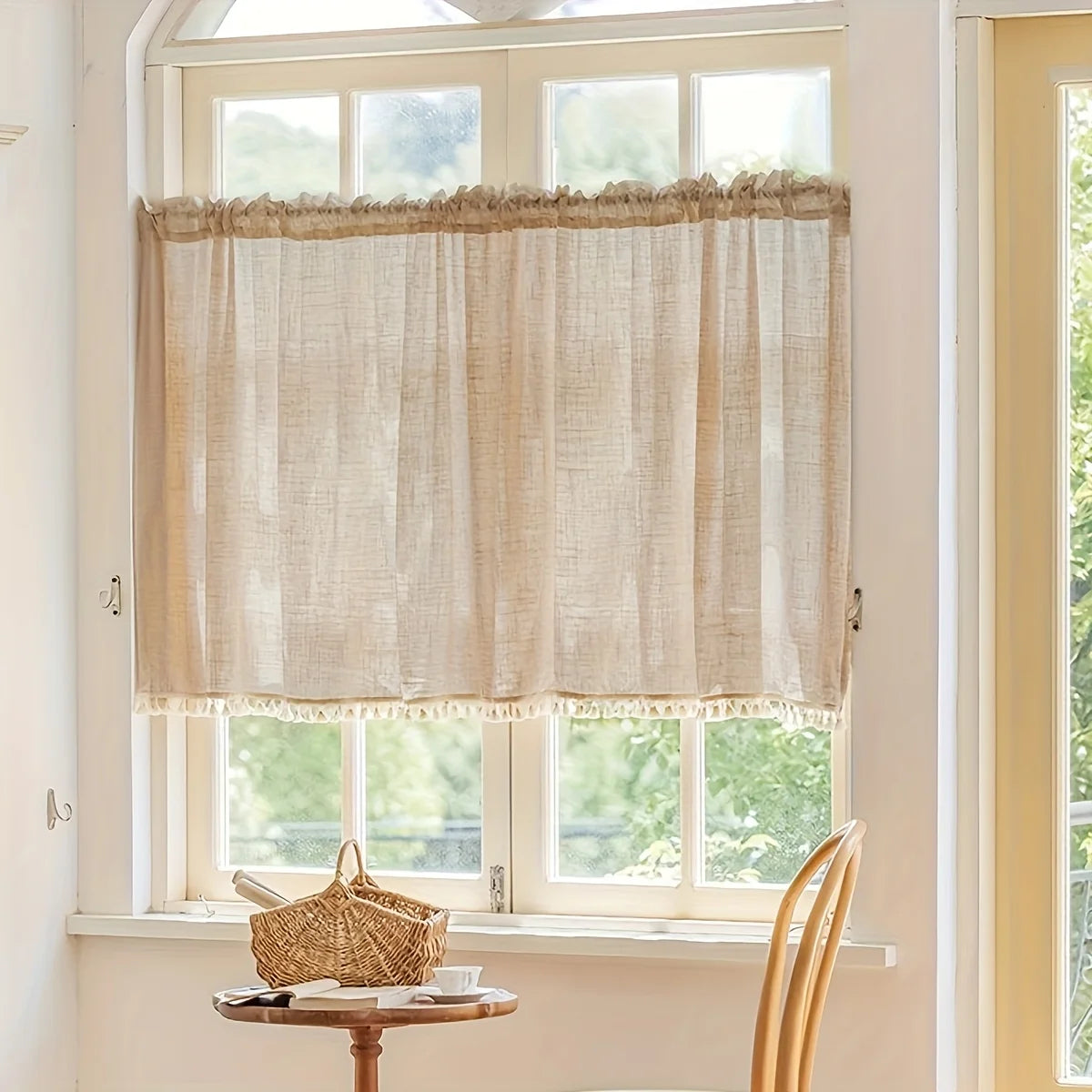 2PCS Natural Linen Curtains, Tassel Fringe for Kitchen Windows, Beige....