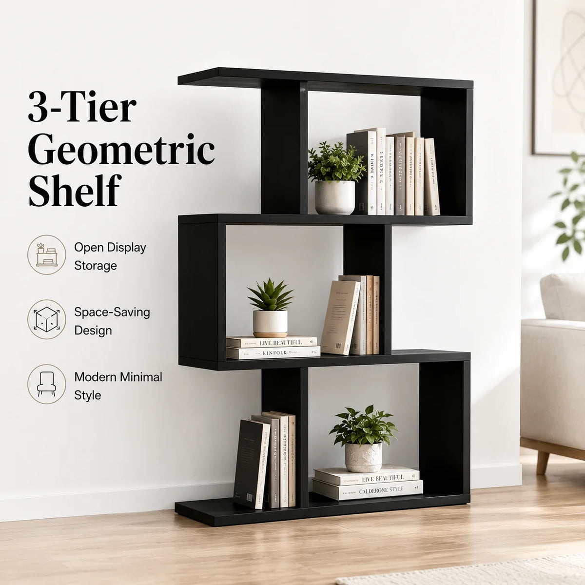 3 Tier Black Wooden Bookshelf Open Display ....