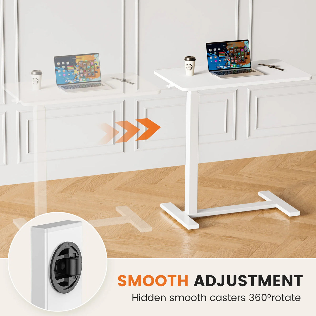 JHK Overbed Bedside table with Hidden Wheels Adjustable Height