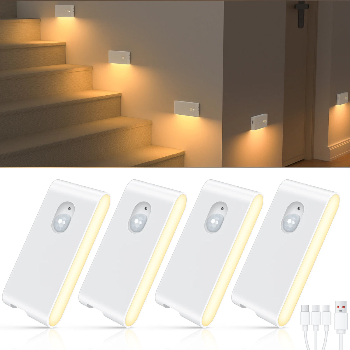 4/8 Pack Motion Sensor Wireless Stair Lights Indoor Battery USB Rechargeable Night Lights for Stairway Or Closet