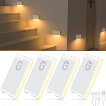 4/8 Pack Motion Sensor Wireless Stair Lights Indoor Battery USB Rechargeable Night Lights for Stairway Or Closet