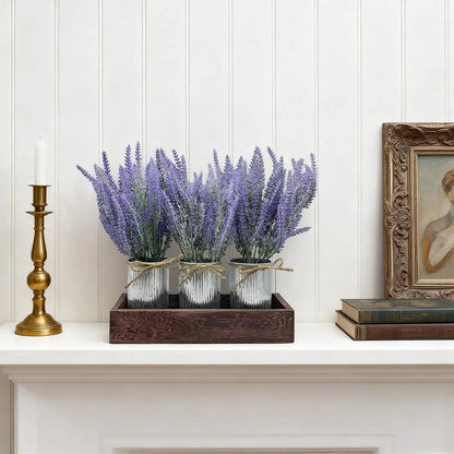 3-Piece Lavender Flowers Artificial with Wood Tray Set, with Galvanized Metal Bucket,