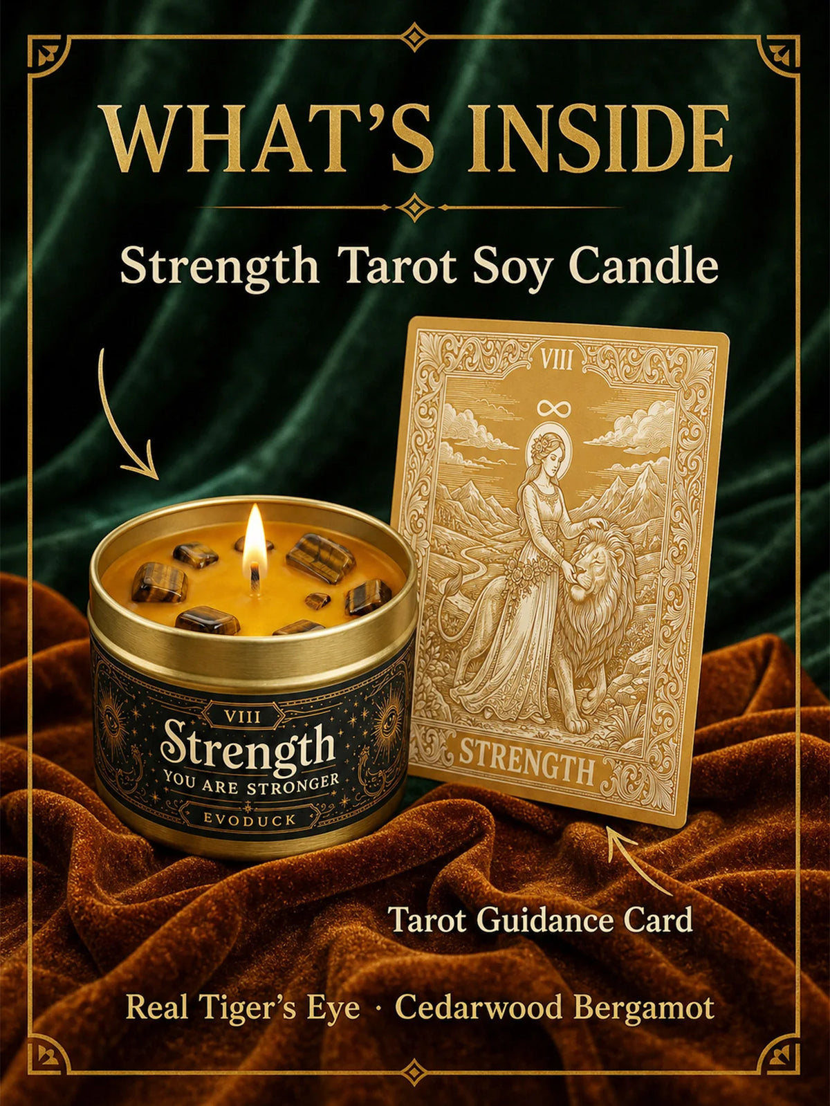 Strength Tarot Candle, Cedarwood Bergamot Scented .Tiger Eye Cristal. 1/2/3 Sets, for Meditation, Courage Confidence, 3 Oz.....