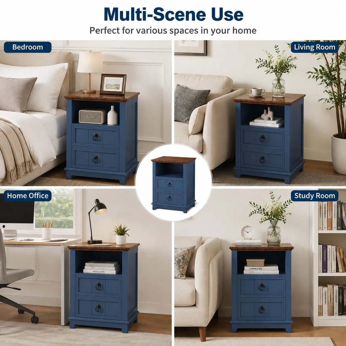 18 Inch Wood Nightstand with USB Charging Station 2 Drawer End Table, Blue