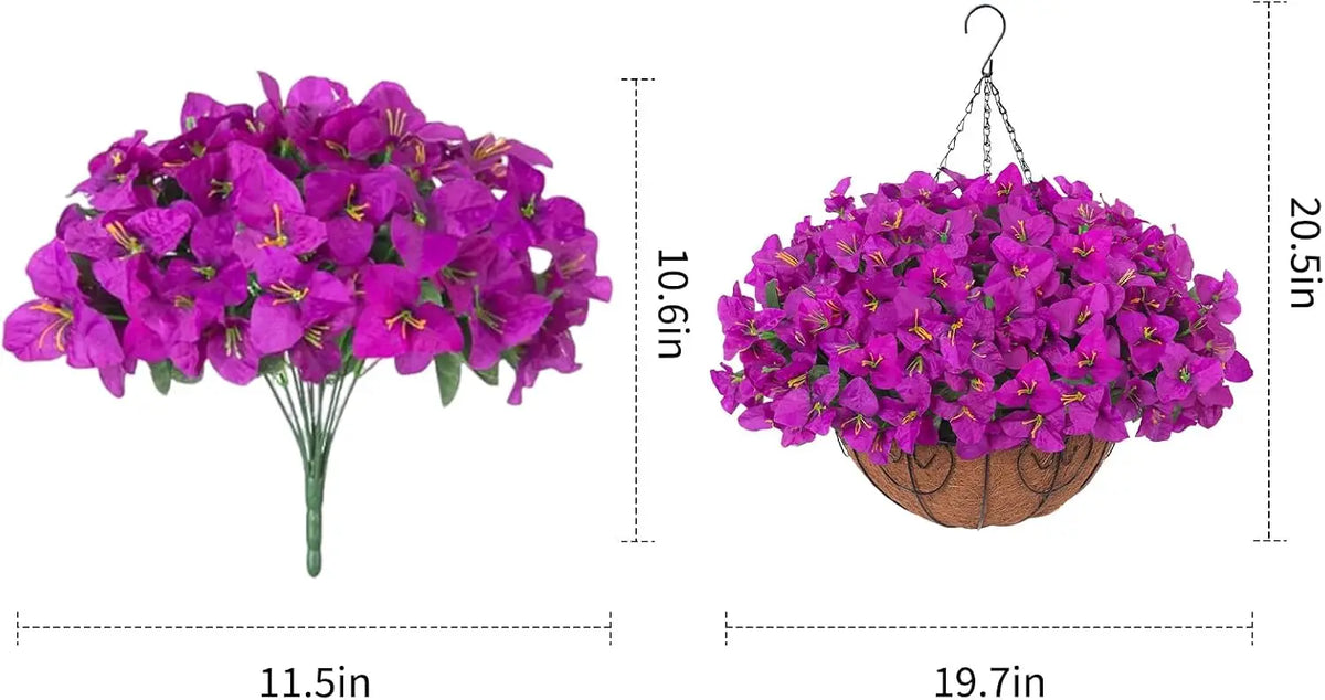 2PCS Artificial Flower Basket Purple/white Bougainvillea Hanging Flower Palm Basket