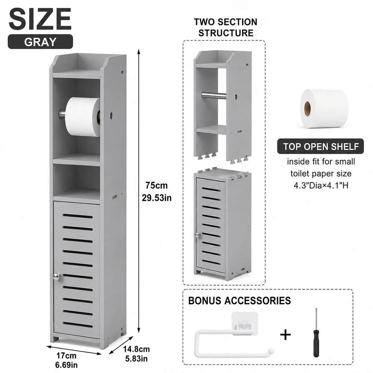 Slim Bathroom Plastic Storage Cabinet with Toilet Paper Holder....