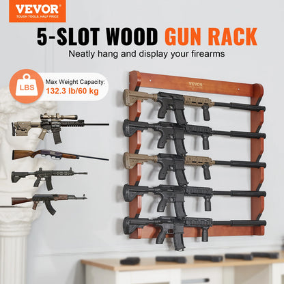 Wood Gun Rack Wall Mount  4/5Rifles Shotguns 132lbs, w/Soft Padding