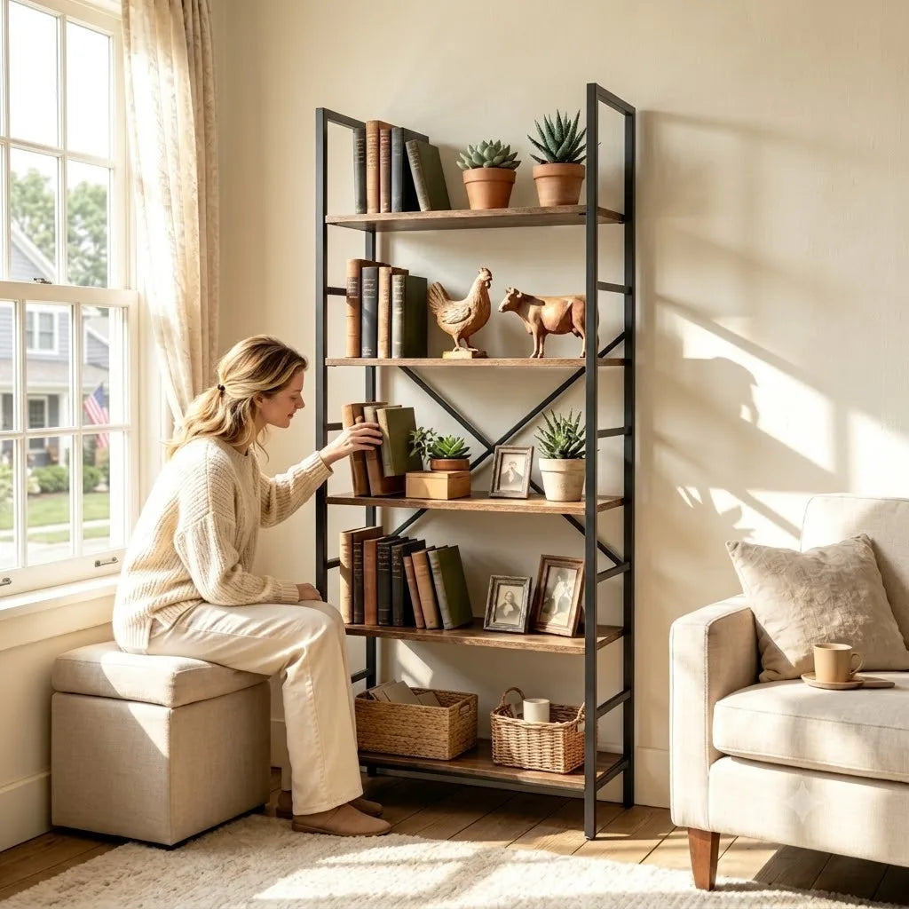 5＆6 Tier Rustic Wood Bookshelf Black Metal Frame Freestanding
