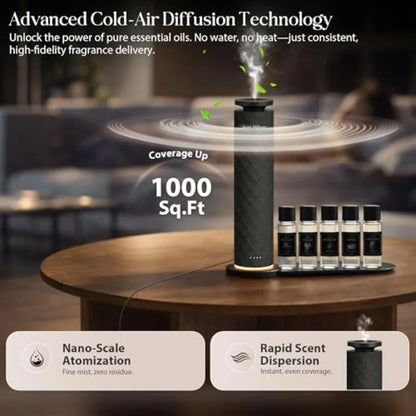 Waterless Scent Diffuser Starter Kit, Remote, USB Rechargeable, Tower Fabric Design in Black,