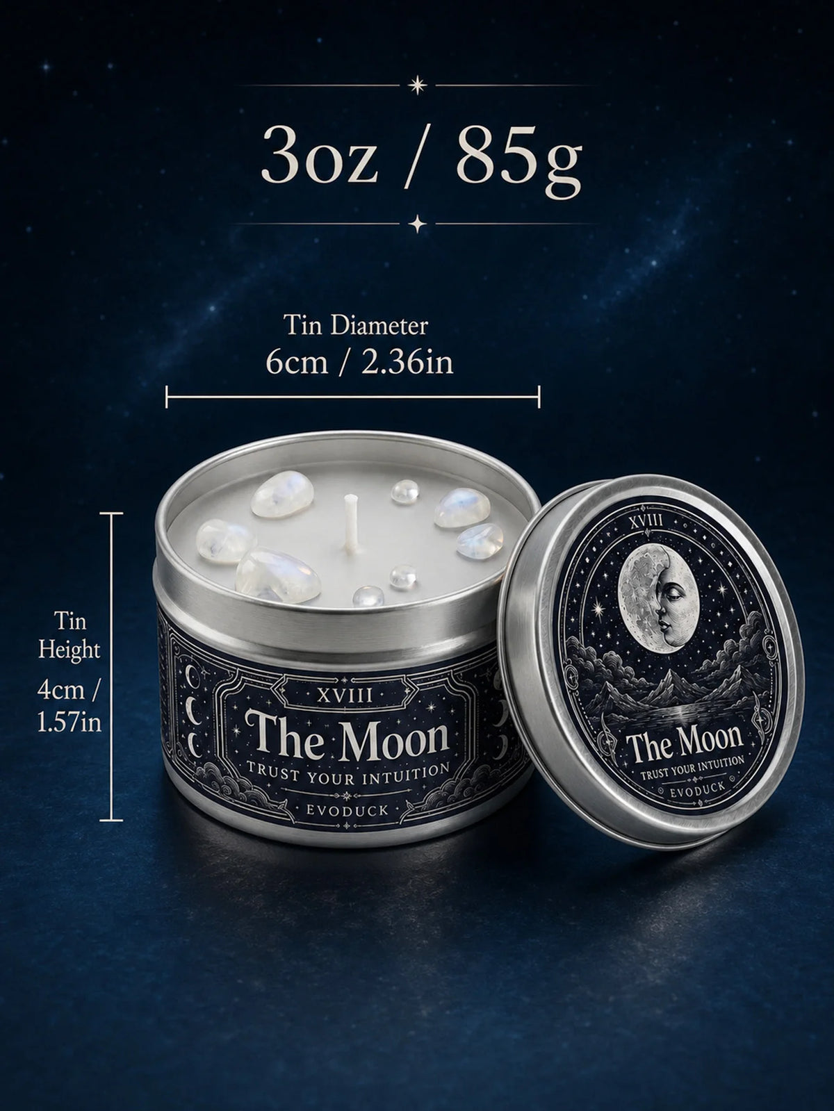 The Moon Tarot Scented Candle with White Crystal Stones, Trust our Intuition, Candle for Meditation, Comes In 1/2/3 Sets.....