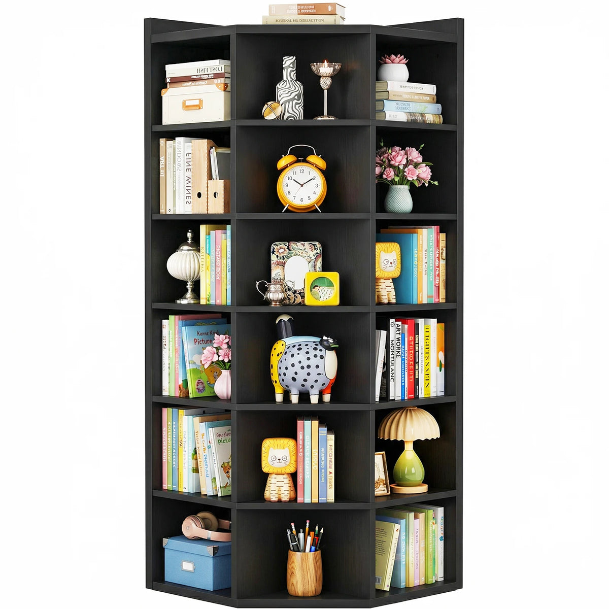 7‑Tier Corner Cube Bookshelf, Black 20"D x 28.1"W x 64.5"H