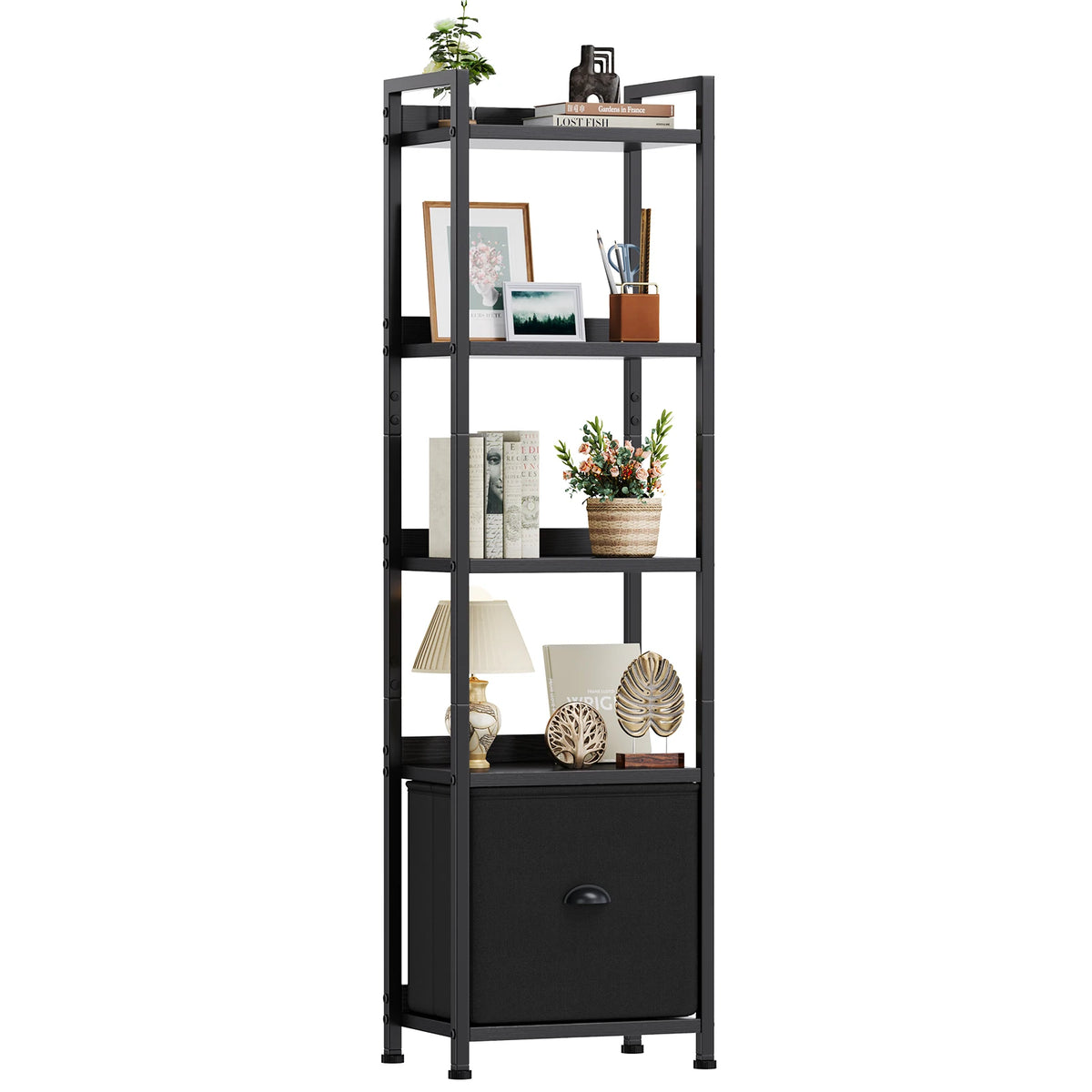 4-5 Tier Storage shelfs with Fabric Drawer Standing Book Shelf, Wood and Metal