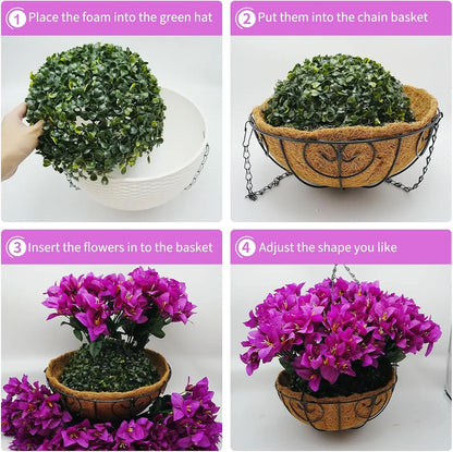 2PCS Artificial Flower Basket Purple/white Bougainvillea Hanging Flower Palm Basket