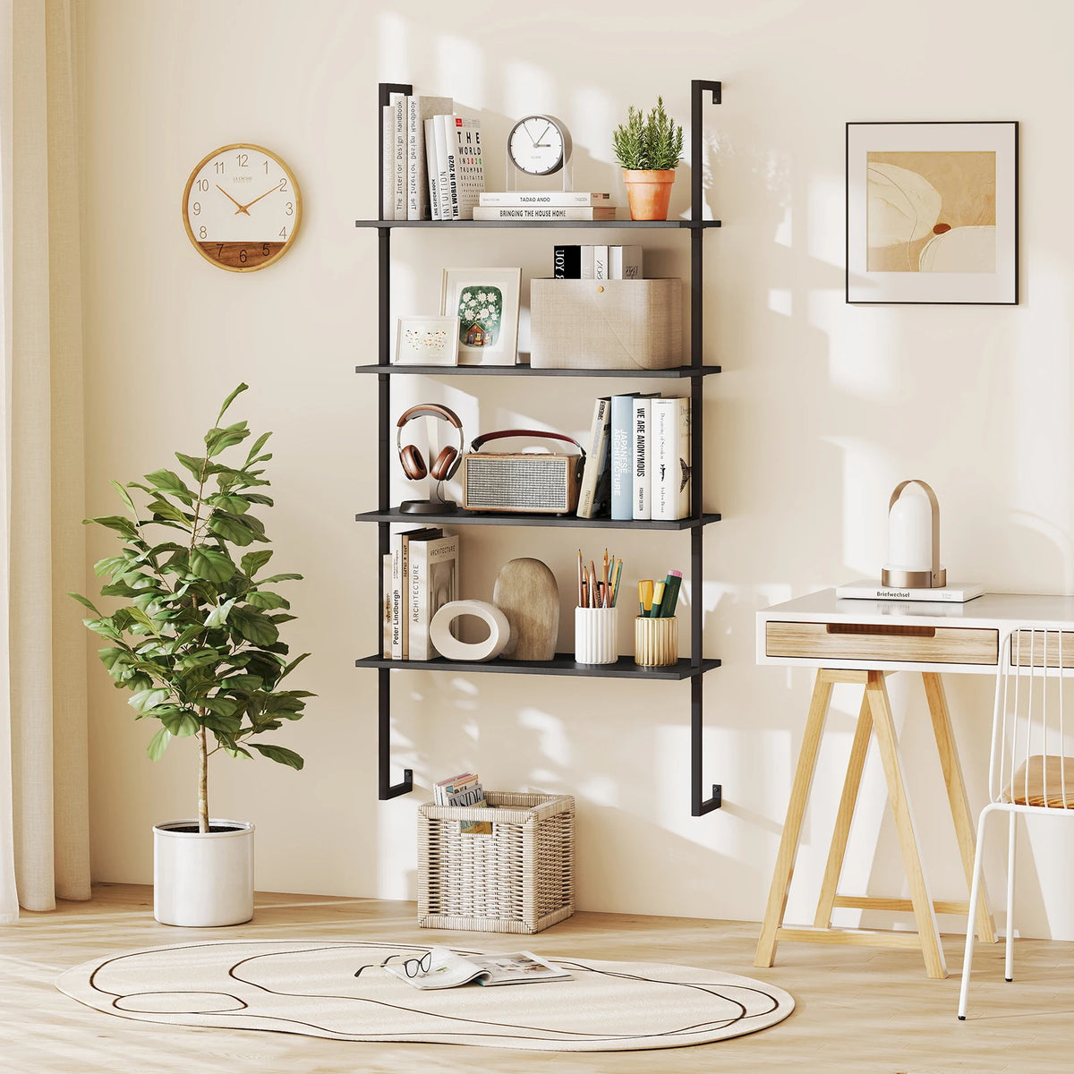 4-Tier Rustic Looking Ladder Shelf Bookshelf, w/ Metal Frame  Brown....