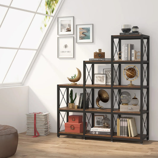 12 Shelves Bookshelf, Stepped Etagere Bookcase, 11.81"D x 45.66"W x 51.57"H