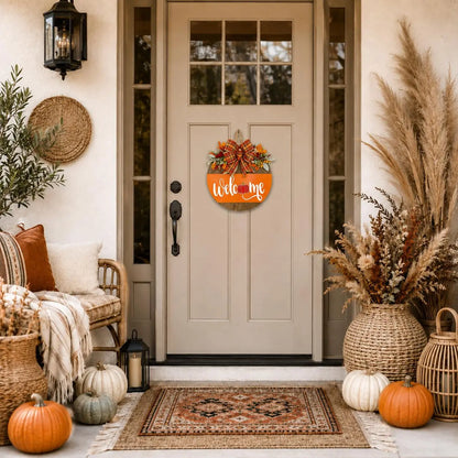 Front Door, Wooden Welcome Hanger with Pumpkin Design
