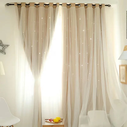 1 Color, Double Layer Curtain, Black Back, Livingroom, Bedroom, 1 or 2 Panels,5 Sizes Hollow Out Curtain, Grommet Top