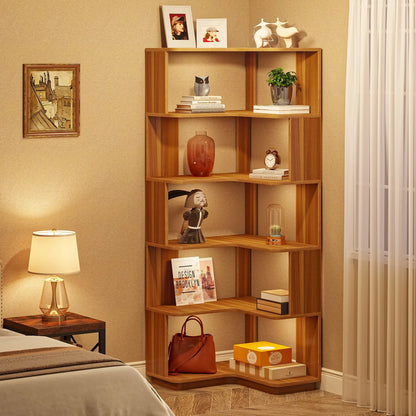 6 Tier Corner Wooden Bookshelf, 64.96 Inch Tall with Anti-Drop 64.96"D x 23.62"W x 23.62"H....