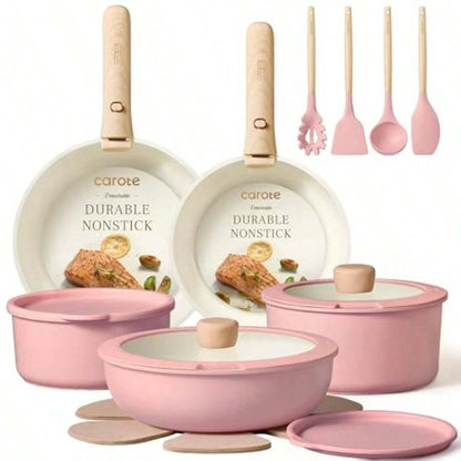 19pcs Non Stick, Cookware Set Detachable Handle, Dishwasher And Oven Safe, Pink, Black, Cream White And Sage Green....
