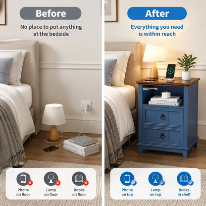 18 Inch Wood Nightstand with USB Charging Station 2 Drawer End Table, Blue