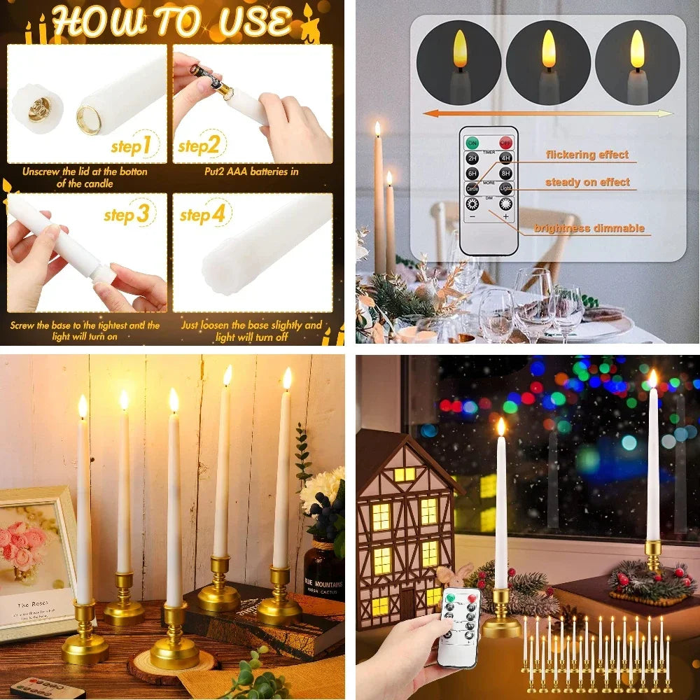12/6 PCS. Flameless Taper Candles with Remote Control Flickering LED Candles, White, Cream Takes 2 AAA Battery's