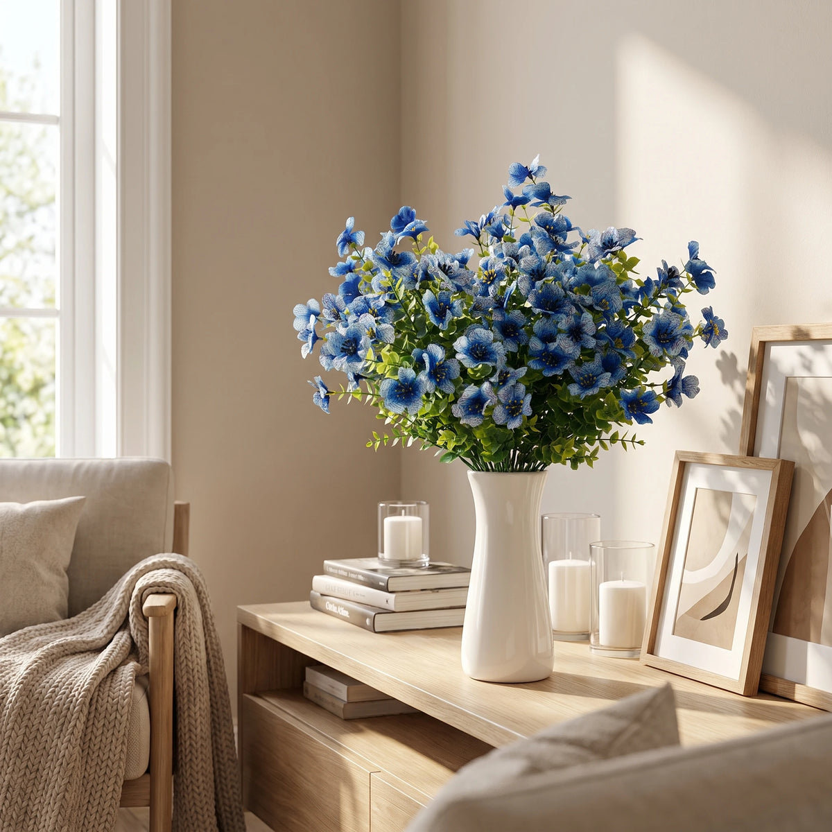 8 Bundles Realistic UV Resistant Artificial Blue Flowers, Outdoor
