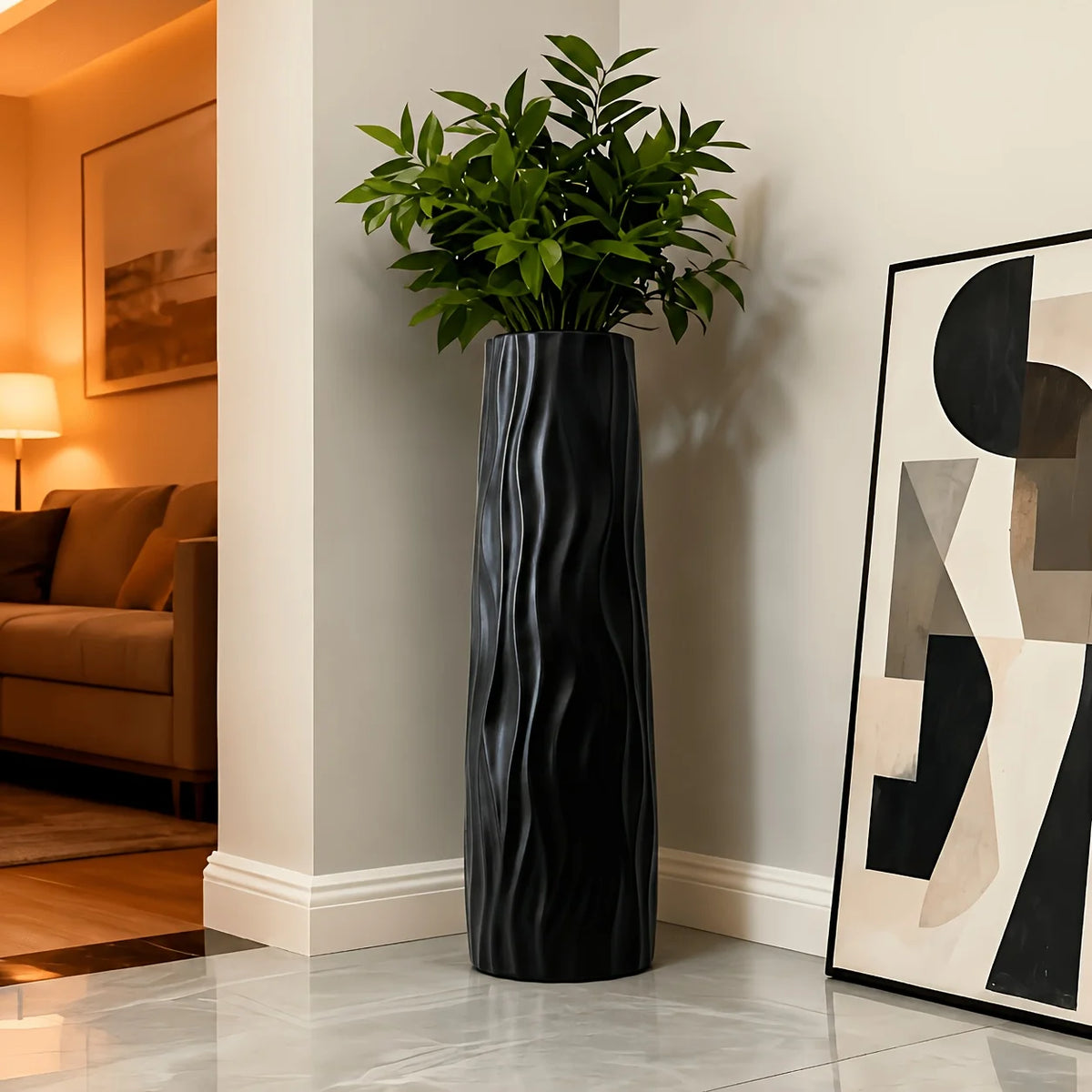 Modern Black Tall Floor Vase, Elegant Wavy Plastic Flower Pot,