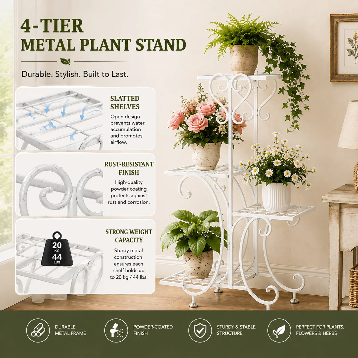 4 Tier Corner Metal Plant Stand, Flower Pot Shelf Indoor Outdoor
