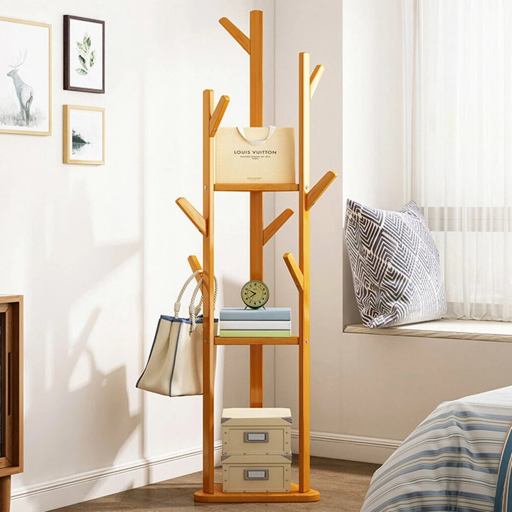 Bamboo Corner Tree Coat Rack, Hooks And Shelves, 65.75 x 15.75 x 15.75in