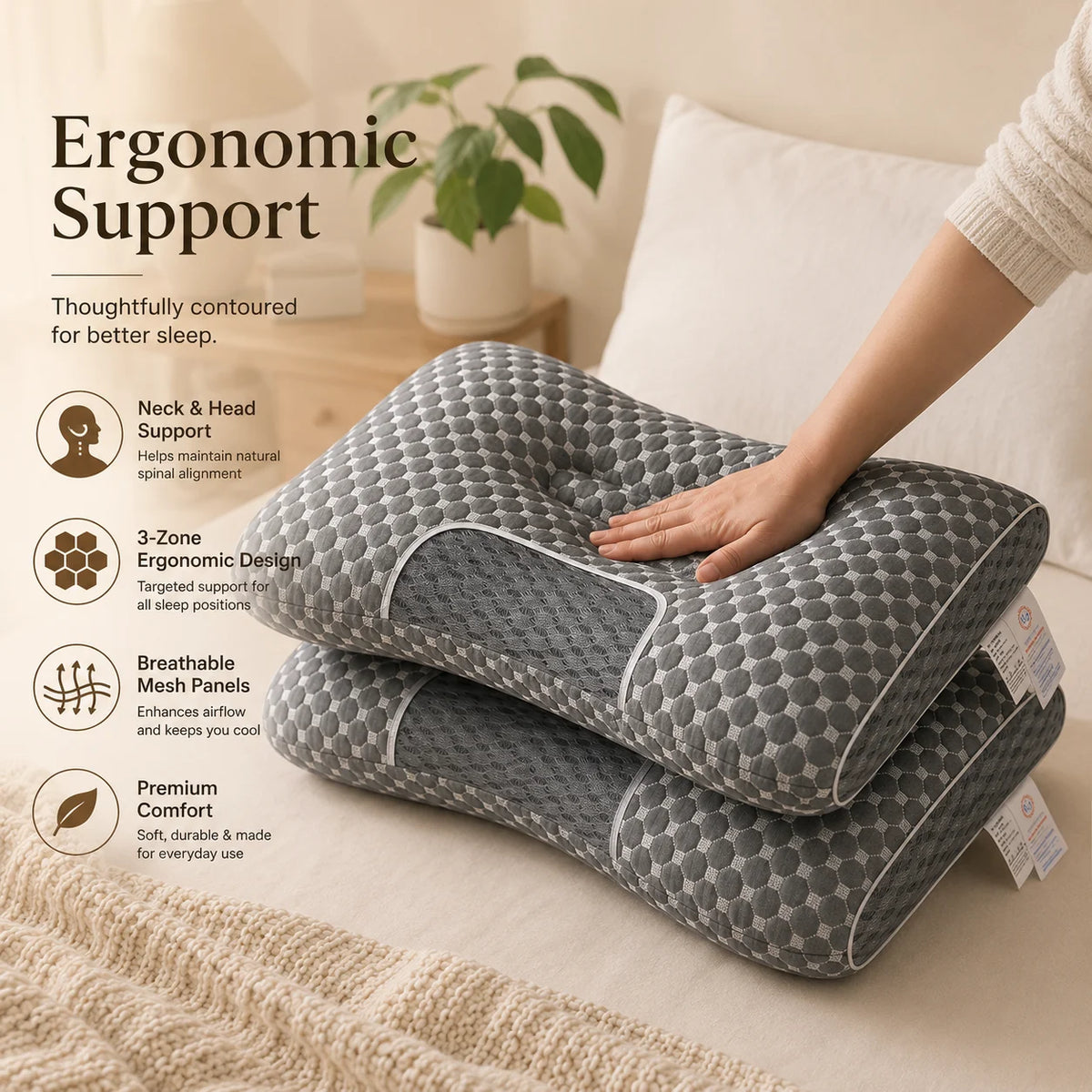 Cervical Pillow for Neck Support,  Breathable, for Head Neck & Shoulders