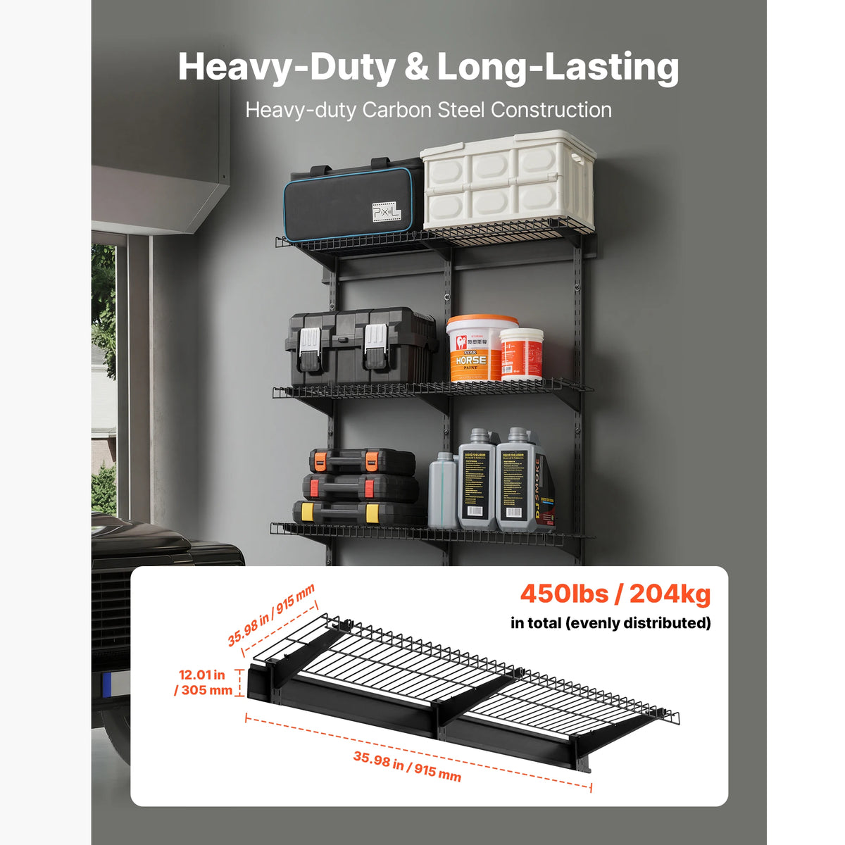 3-Tier Wall Garage Shelving 11x36in 150lbs Per Shelf, Adjustable.....