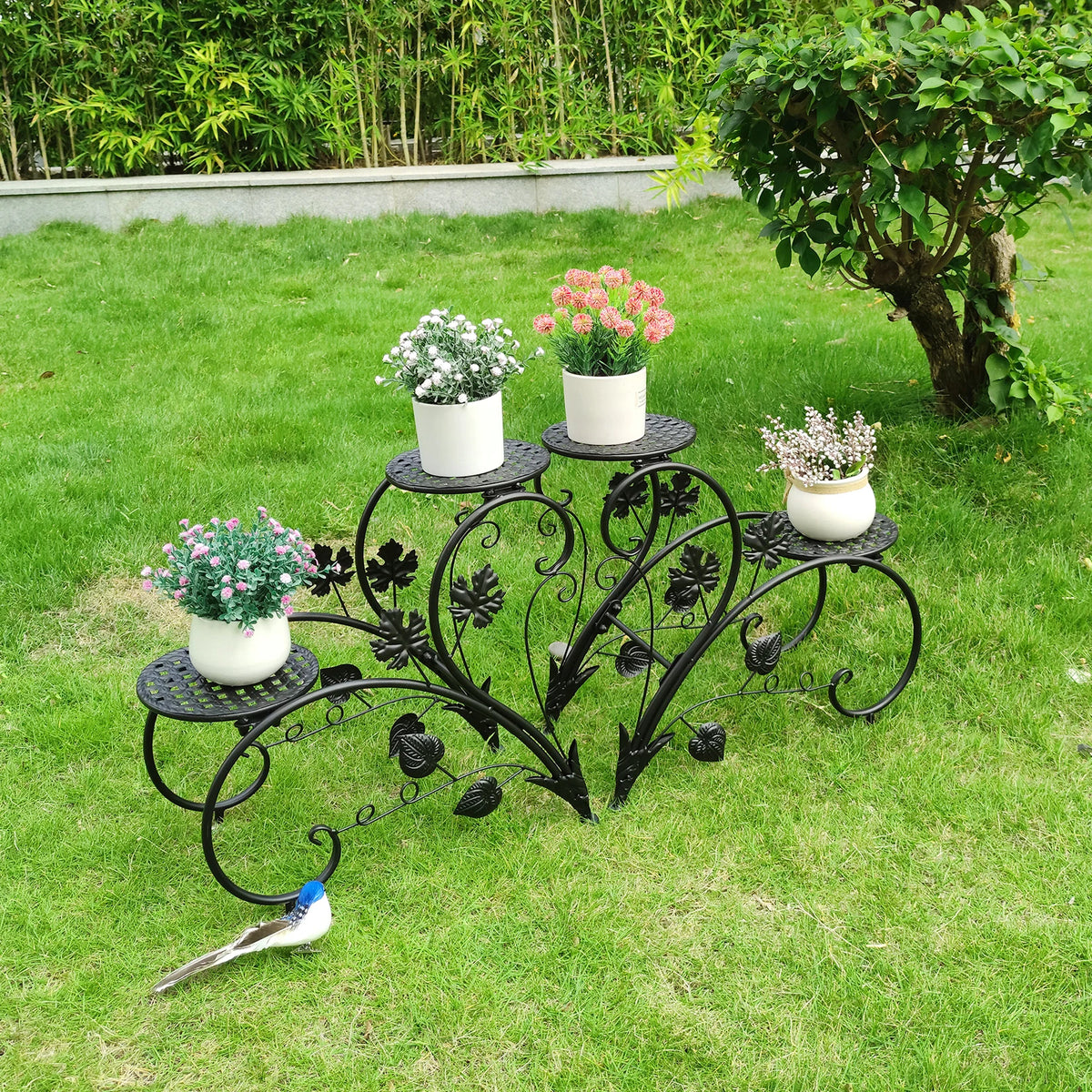 Rustproof Metal Plant Stand 4 Potted Flower Display Rack Shelf for Garden Balcony Office White and Black
