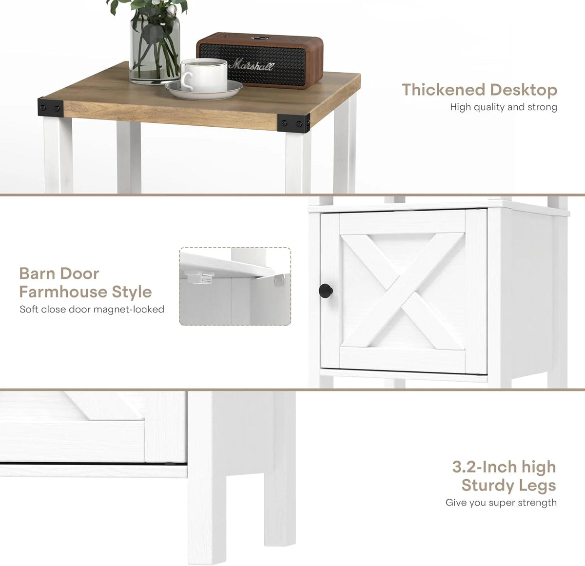 24.8" Nightstand Set 2, Wood, with Barn Door, White/Beige