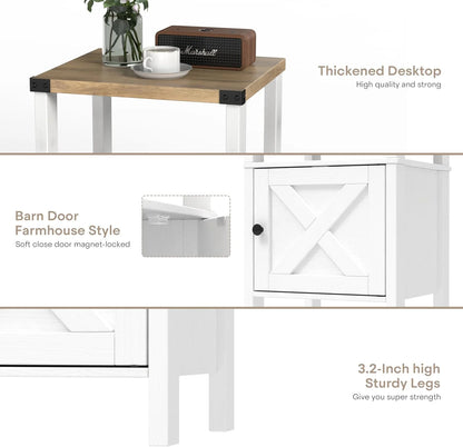 24.8" Nightstand Set 2, Wood, with Barn Door, White/Beige