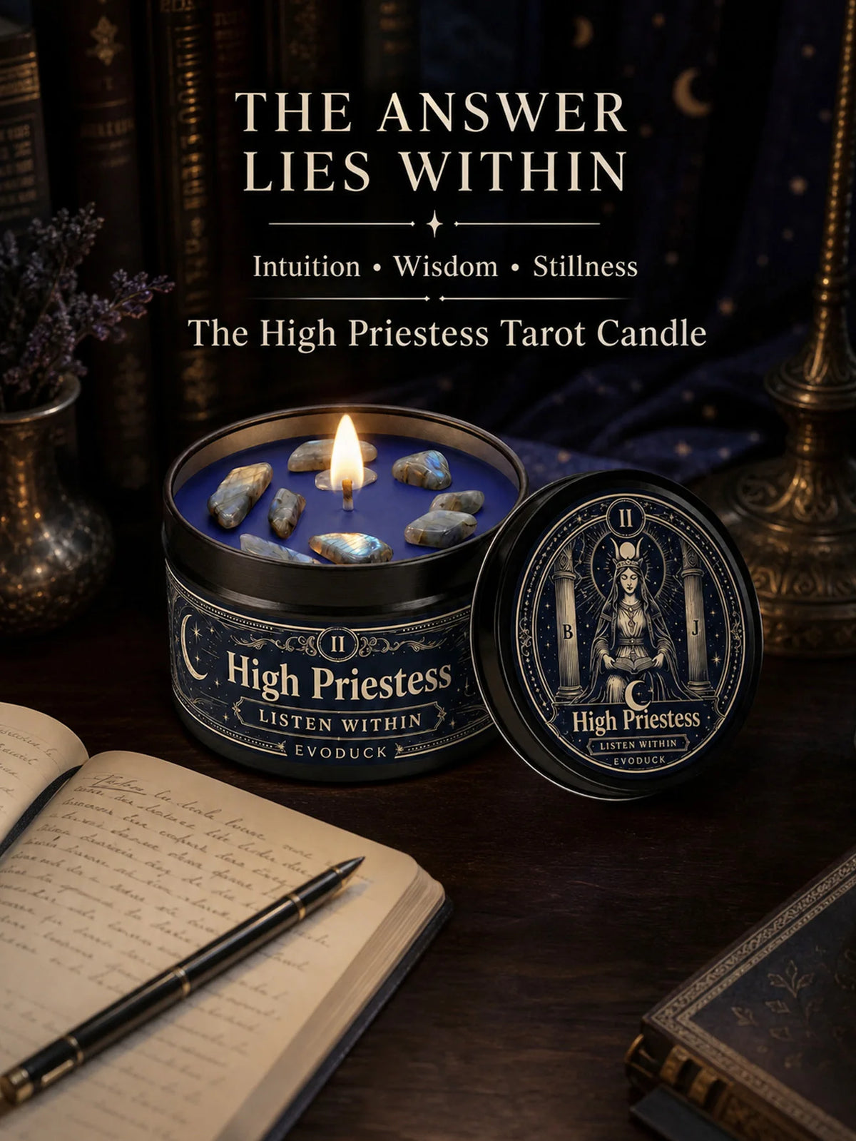 The High Priestess Tarot Candle with Blue Grey Crystal Stones, 3/2/1 Sets, Scented  for Meditation, 3 Oz