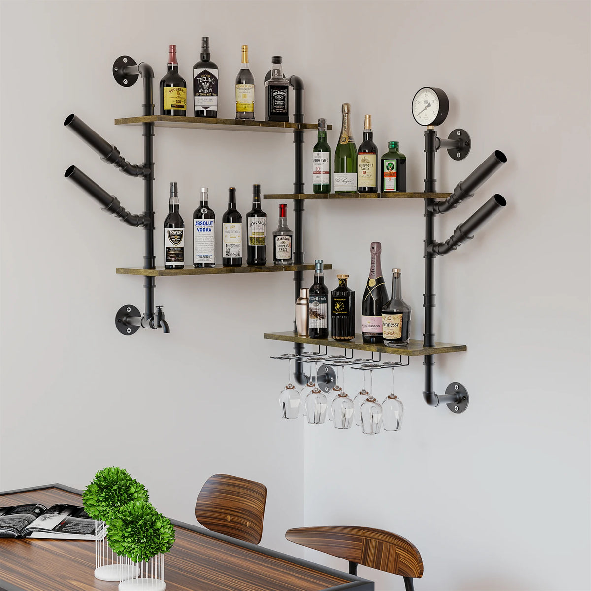Pipe Bar Liquor Shelf, Floating Shelves with Wine Glass Holder, Black ....