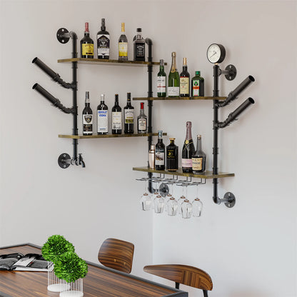 Pipe Bar Liquor Shelf, Floating Shelves with Wine Glass Holder, Black ....