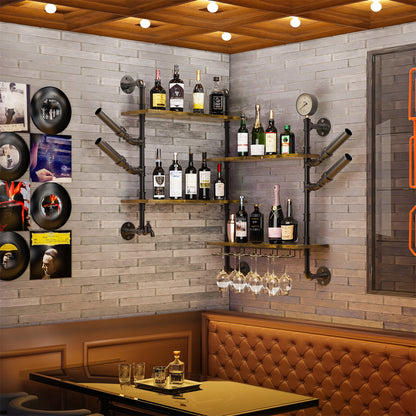 Pipe Bar Liquor Shelf, Floating Shelves with Wine Glass Holder, Black ....