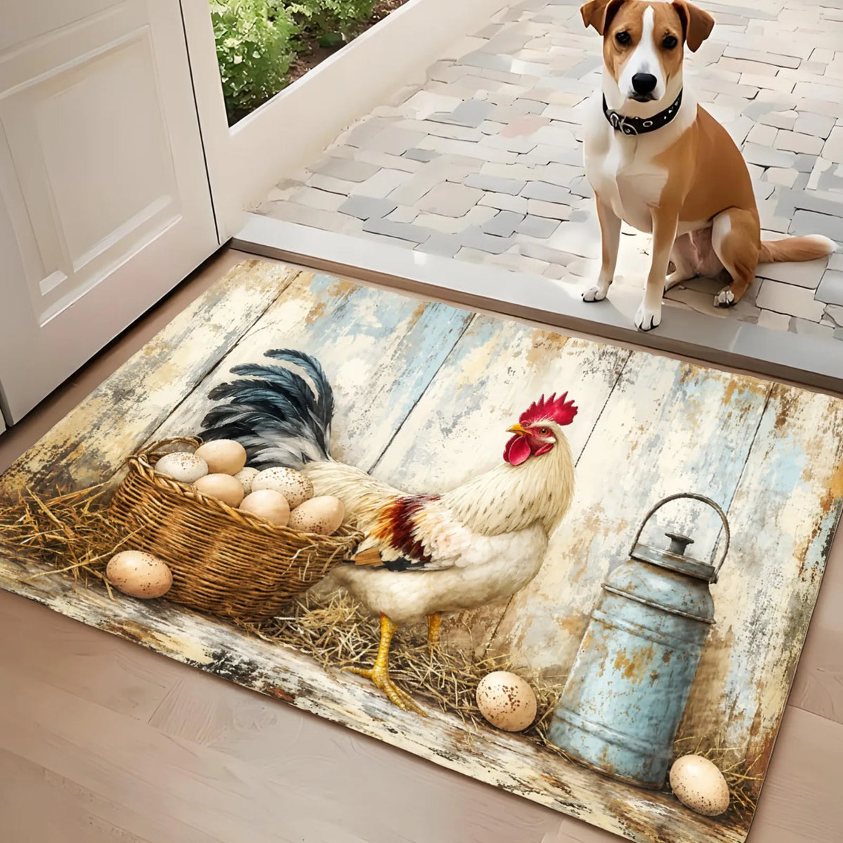 3PCS Kitchen Rugs Rooster Chicken Basket Rustic Pattern