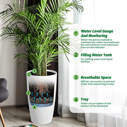 21.5 Inch Tall Self Watering Planters Set Of 2 With Water Level Indicator....