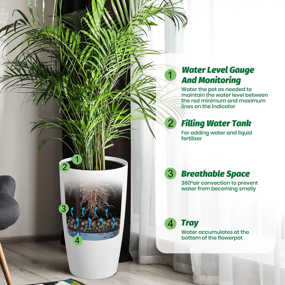 21.5 Inch Tall Self Watering Planters Set Of 2 With Water Level Indicator...