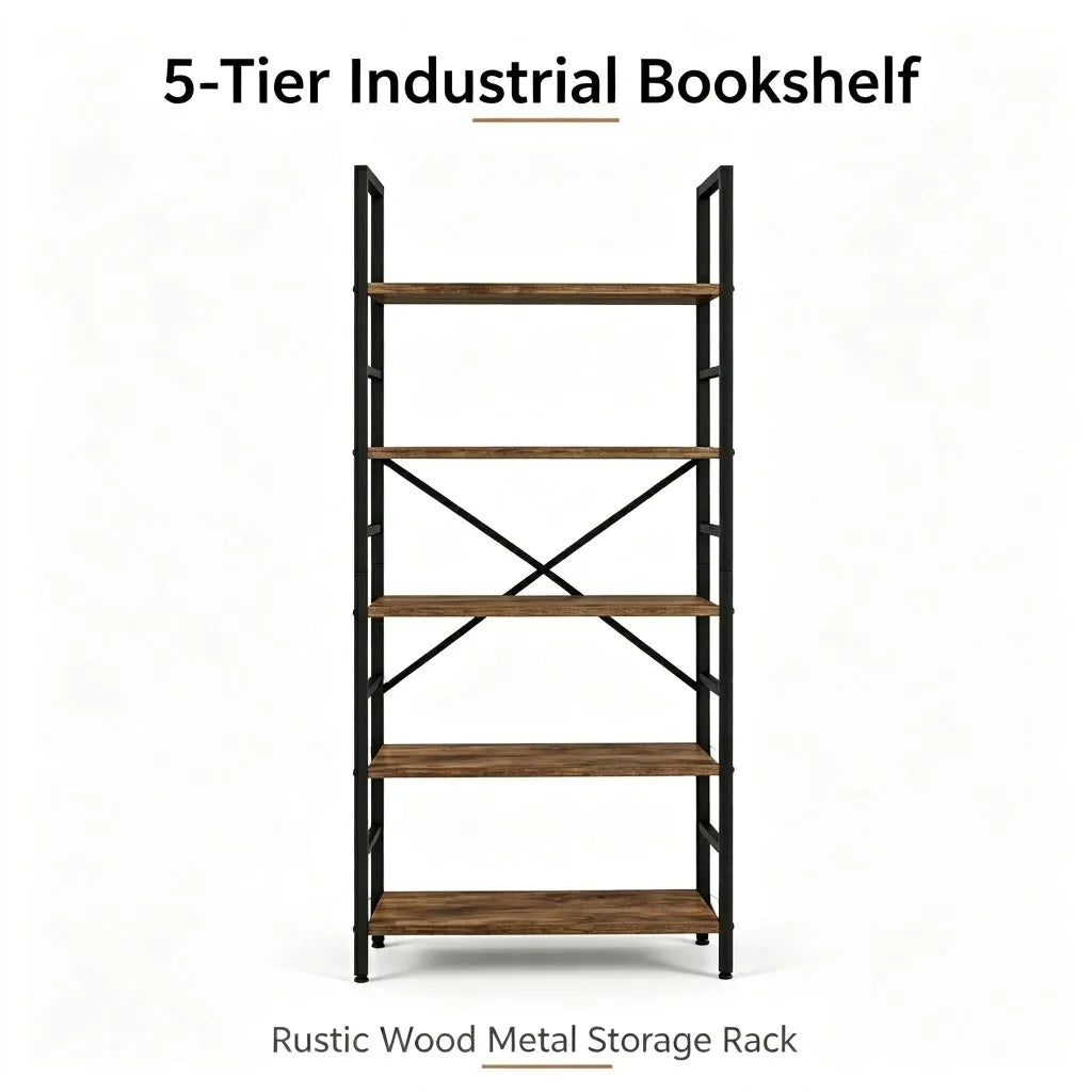 5＆6 Tier Rustic Wood Bookshelf Black Metal Frame Freestanding