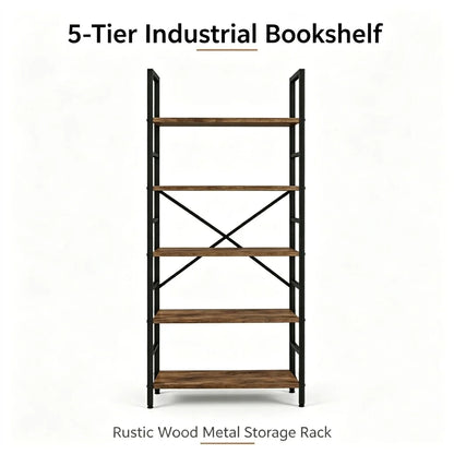 5＆6 Tier Rustic Wood Bookshelf Black Metal Frame Freestanding