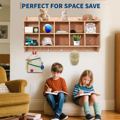 Wall Mount Kids Wooden Storage Organizer With 10 Cubbies, 5 Hooks And Top Shelf,