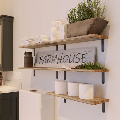 Set of 5 Rustic Floating Wooden Wall Shelves, Wall Mount With Anti-Fall Metal Guardrail,