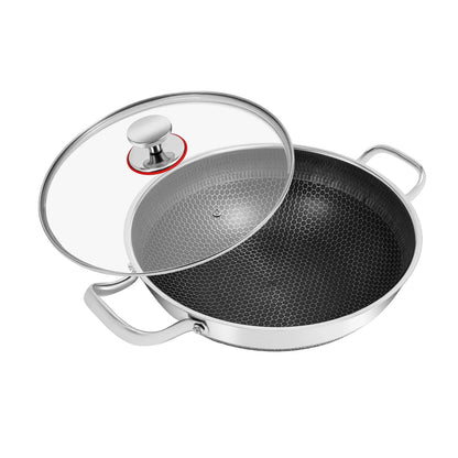PFAS PFOA Lead Cadmium Free Stainless Steel Nonstick Skillet, Honeycomb Texture 12.59In Visible Glass Lid Included....