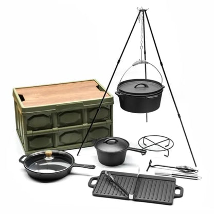 8 Piece cast iron Dutch oven camping set. 4.5 Qt cast iron pot, and Lifter Handle 2.1qt pot handle with lid 10In Fry pan, Storage Container